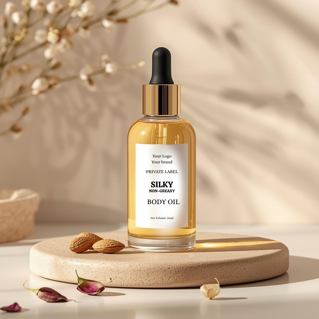 silky dry body oil manufacturer India, organic dry body oil manufacturer, best private label silky dry body oil manufacturer in India, private label body oil manufacturer 